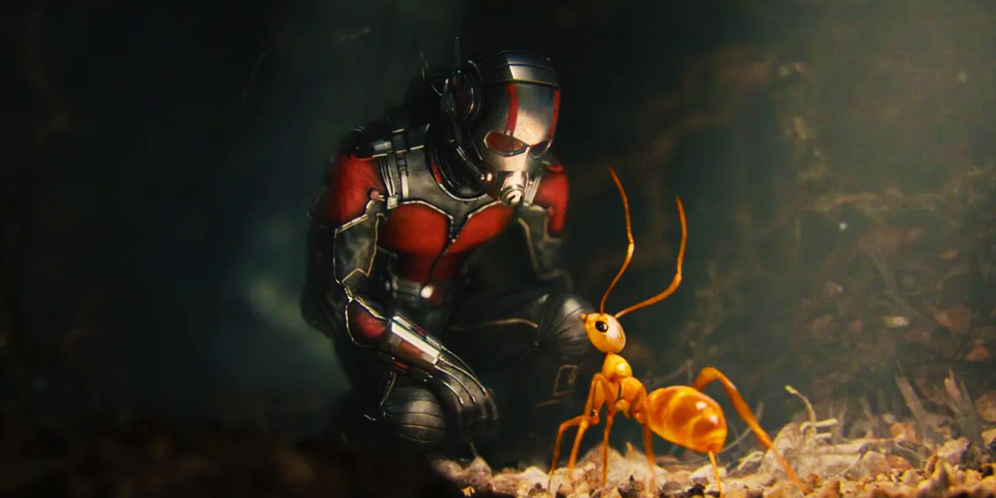 Scott Lang's Ant-Man speaking to an ant in Ant-Man