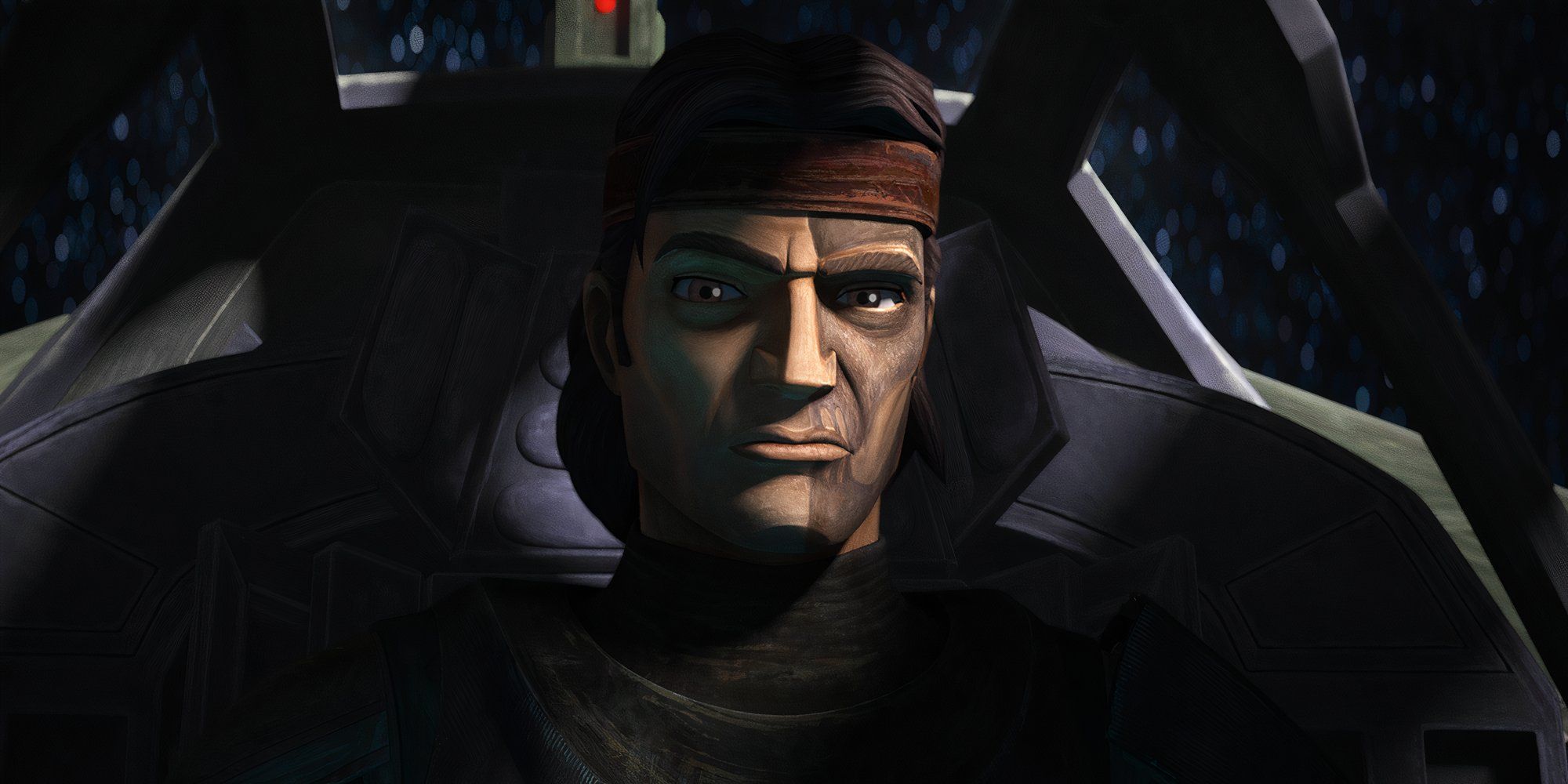 Hunter pilots the Imperial shuttle in his all-black armor with a look of determination