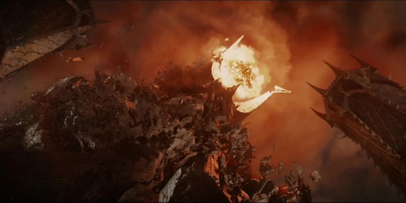 Sauron's fortress Barud-Dur collapses at the end of Lord of the Rings: The Return of the King.