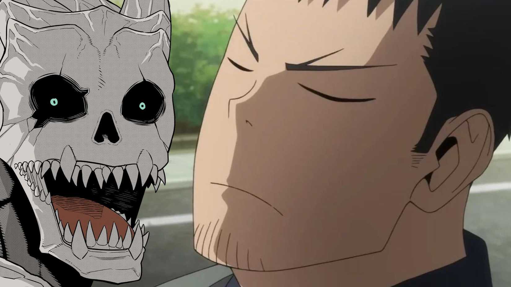 Режим "кайдзю" Кафки справа, с открытым ртом на фоне Кафки, думающего с закрытыми глазами