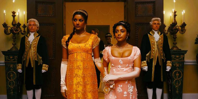 Simone Ashley as Kate Sharma and Charithra Chandran as Edwina Sharma in Bridgerton season 2, episode 8