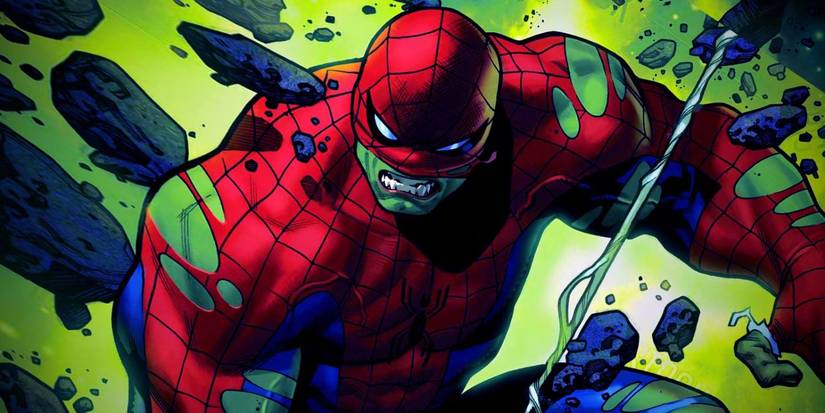 Comic book art: the Hulk grimaces in a Spider-Man costume.