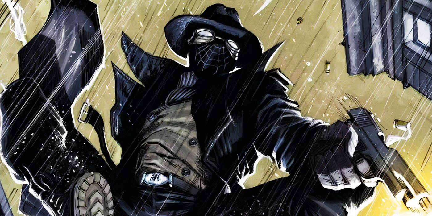 Spider-Man Noir with a gun in the rain in Marvel Comics