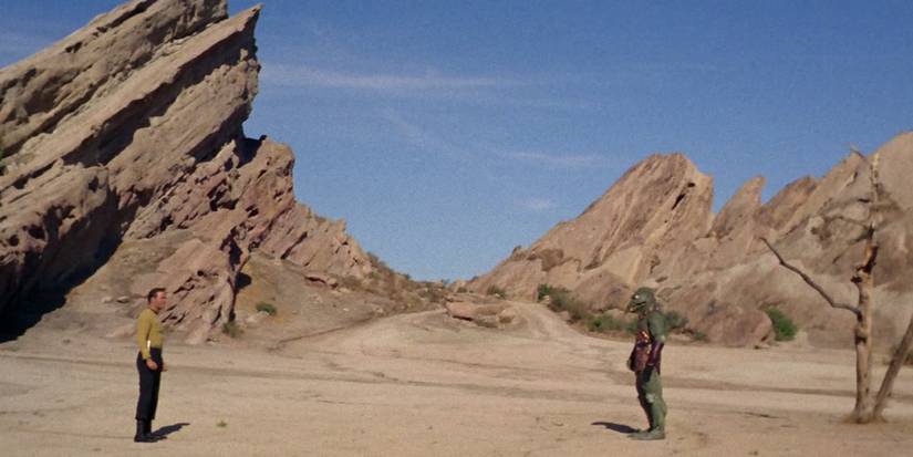 Captain James Kirk (William Shatner) faces off with a Gorn in Star Trek: The Original Series, "Arena."