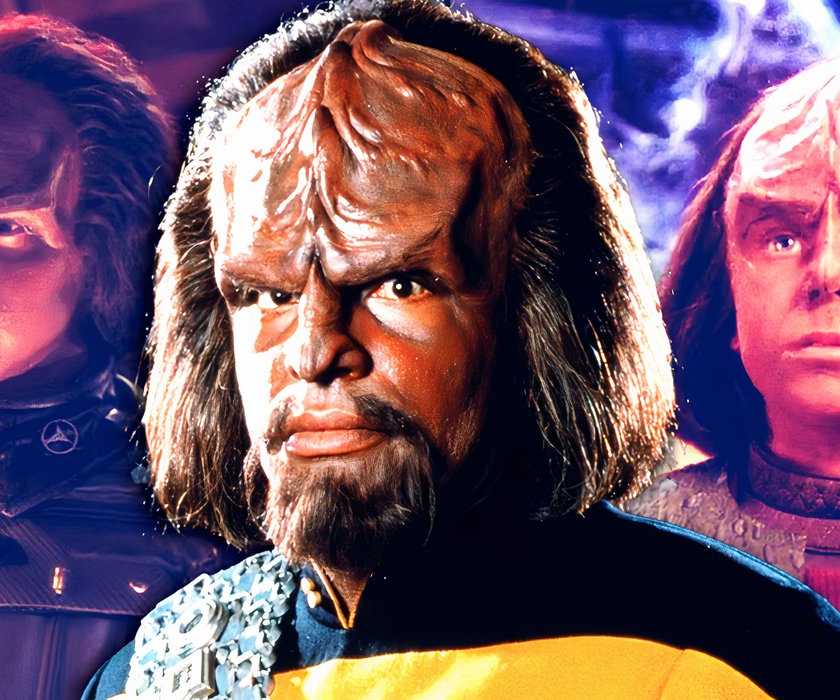 Star Trek's Michael Dorn as Worf and his son Alexander Rozenko at different ages in Star Trek
