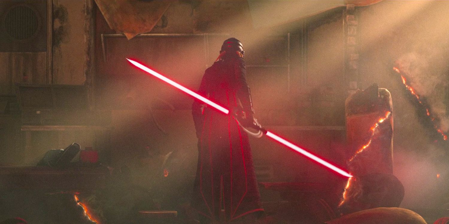  The Fourth Sister seen from behind, holding her double-bladed lightsaber amidst a cloud of smoke in Star Wars: Tales of the Empire season 1