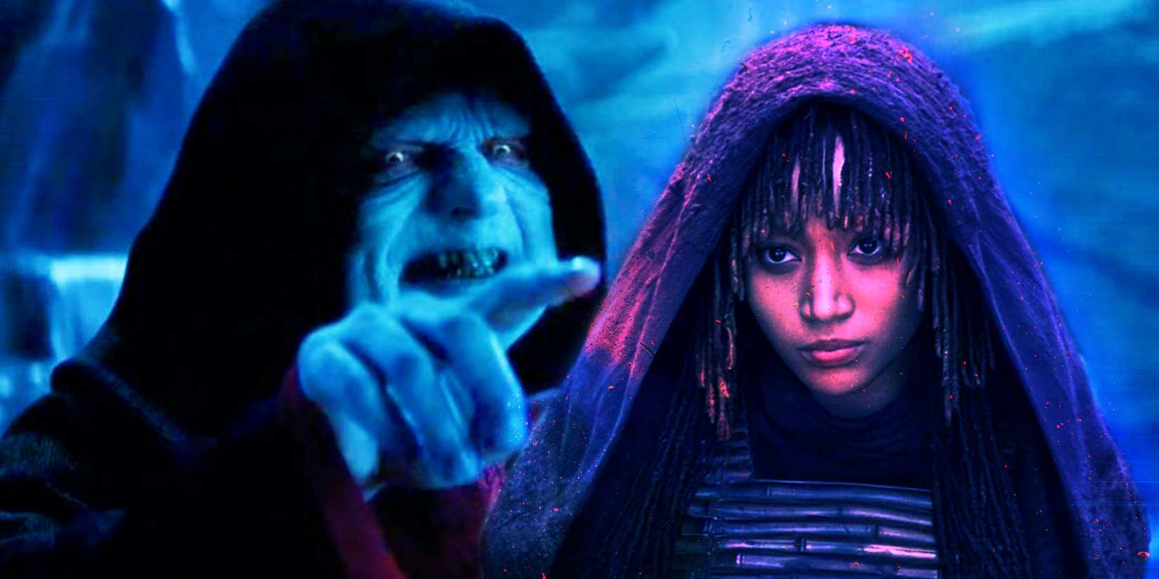 Mae from The Acolyte in a purple hue to the right and Palpatine from The Rise of Skywalker in a blue hue to the left in a combined image 