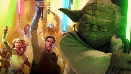 The High Republic Jedi raising their lightsabers next to Yoda holding his green lightsaber