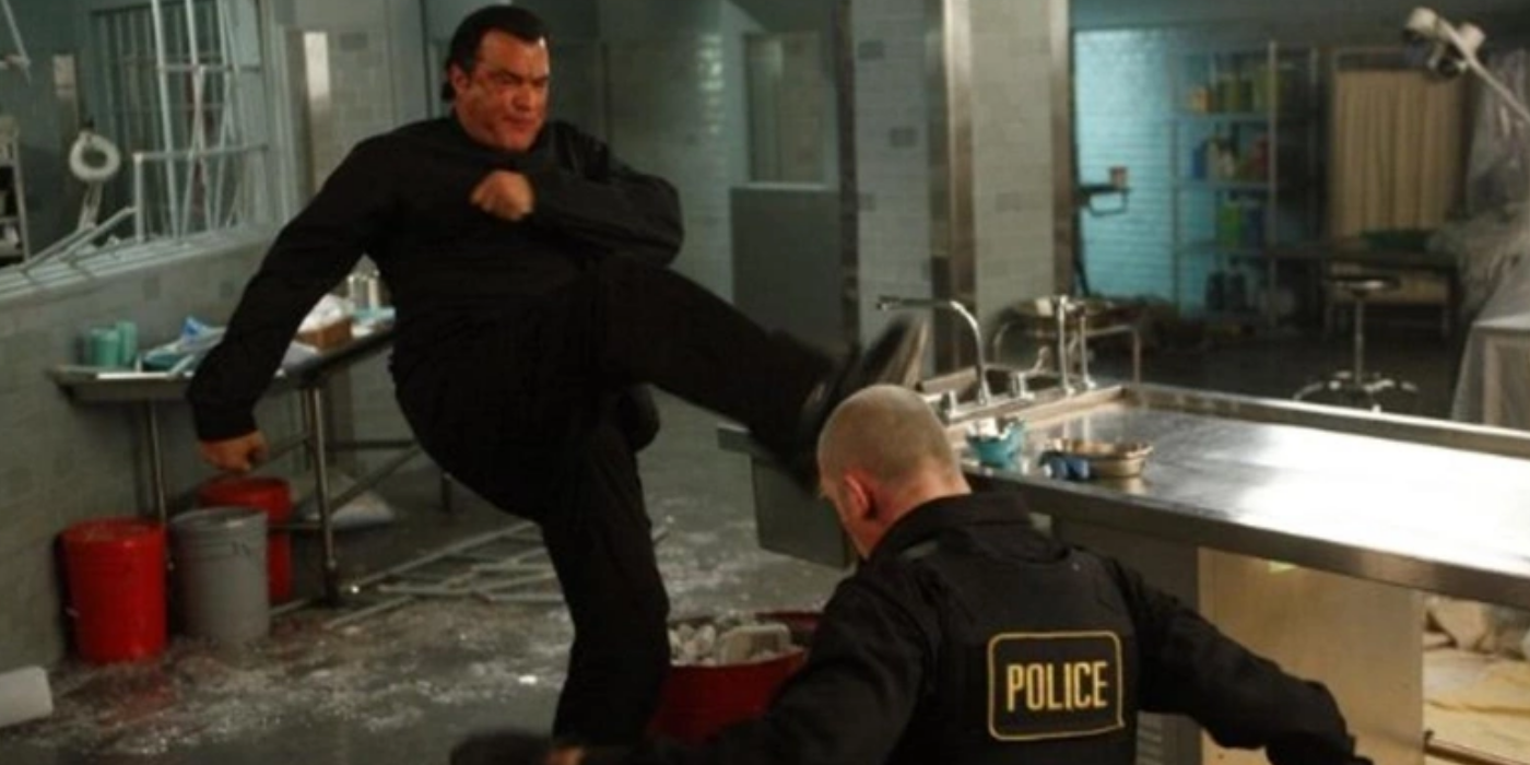 Steven Seagal kicks an officer in Driven to Kill