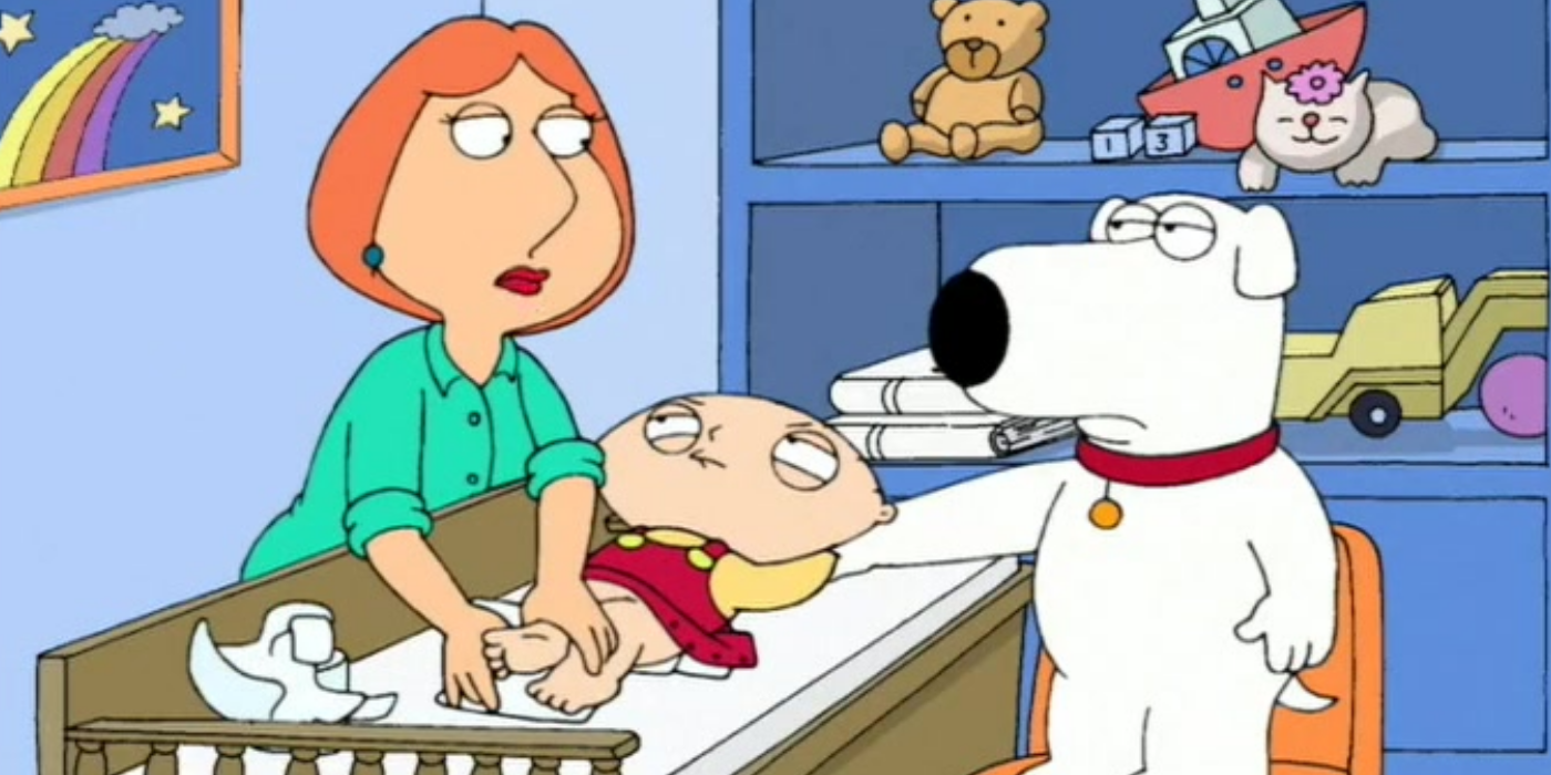 Stewie and Brian glued together with Lois changing stu's dippers in Family Guy