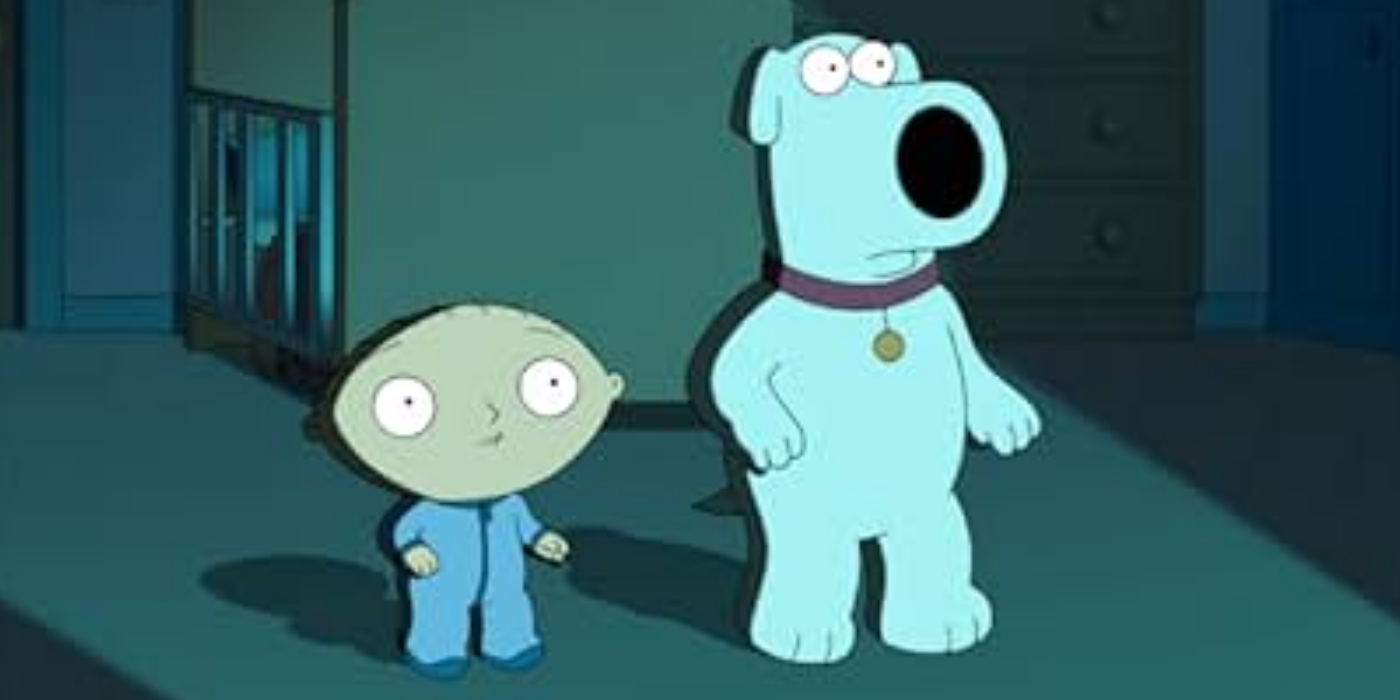 Stewie and Brian looking at the time machine in Family Guy