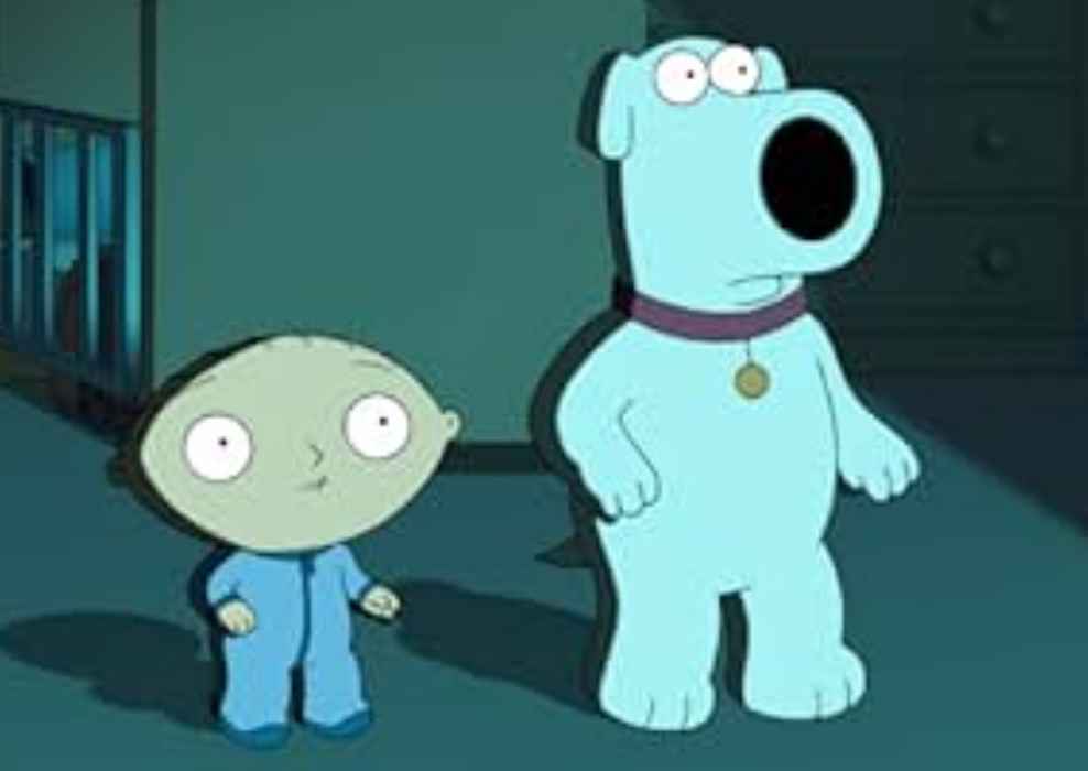 Stewie and Brian looking at the time machine in Family Guy