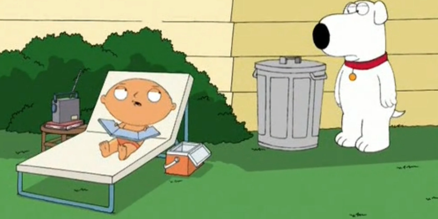 Stewie tanning while Brian looks at him in family Guy