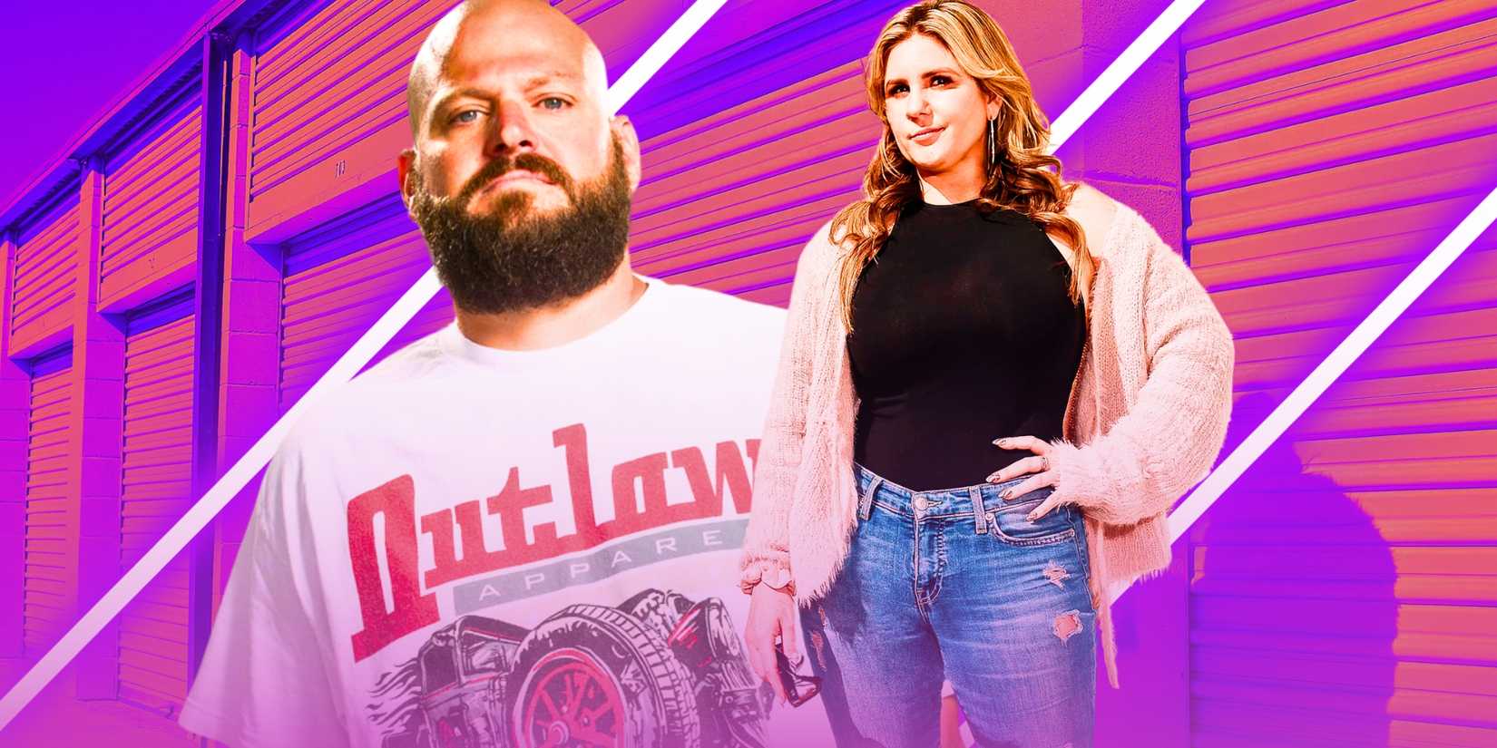 storage wars jarrod schulz and brandi passante in montage with intense expressions and pink and purple background