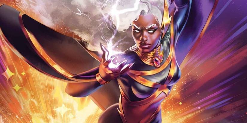 Comic book art: Storm leaping away from an explosion as she conjures lighting in the palm of her hand.