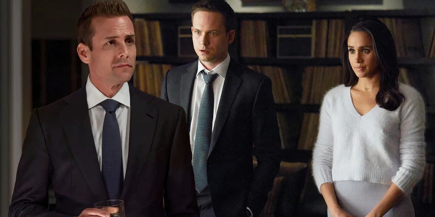 A composite image of Harvey holding a drink and looking on with Rachel and Michael looking shocked in Suits