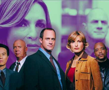The Law & Order SVU cast of season 7 over an image of Benson and Stabler from season 22 tinted green