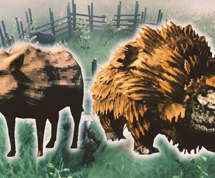 Енот и лось перед фермой Askvin на скриншоте из Valheim.