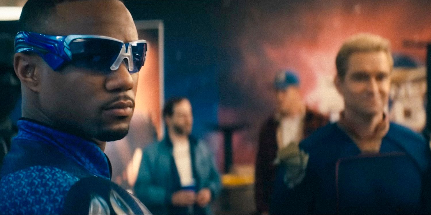 A-Train (Jessie T. Usher) looks over his shoulder, with Homelander blurred in the background in The Boys season 4