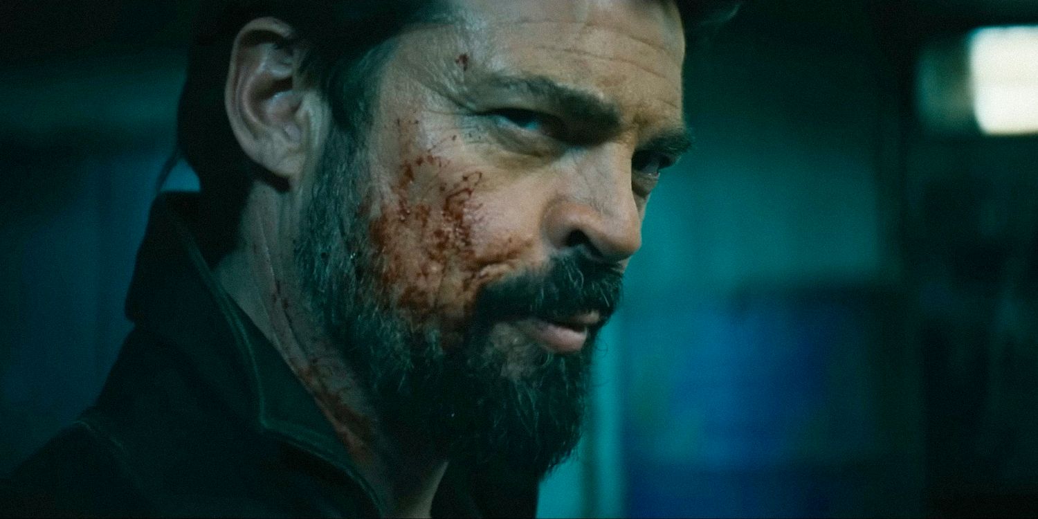 Billy Butcher (Karl Urban) with blood-stained face, glancing sideways in The Boys season 4