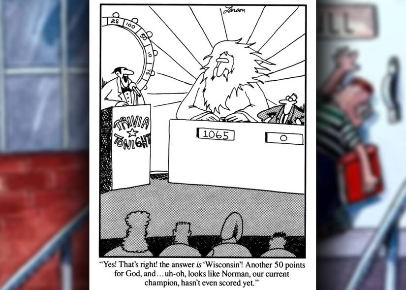 the far side god on a quiz show winning by a huge margin