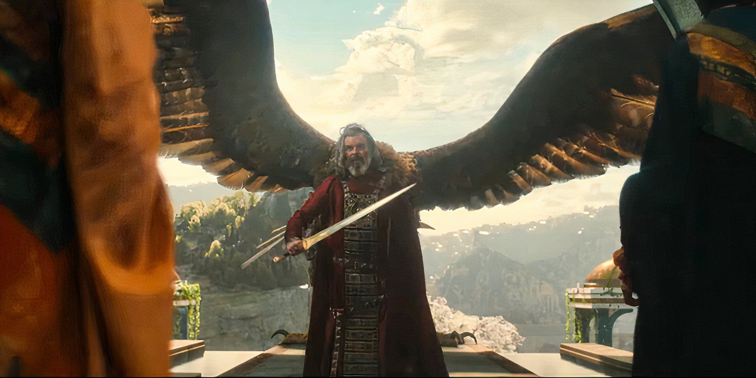 Pharazon and a Great Eagle in The Lord of the Rings: The Rings of Power season 2.