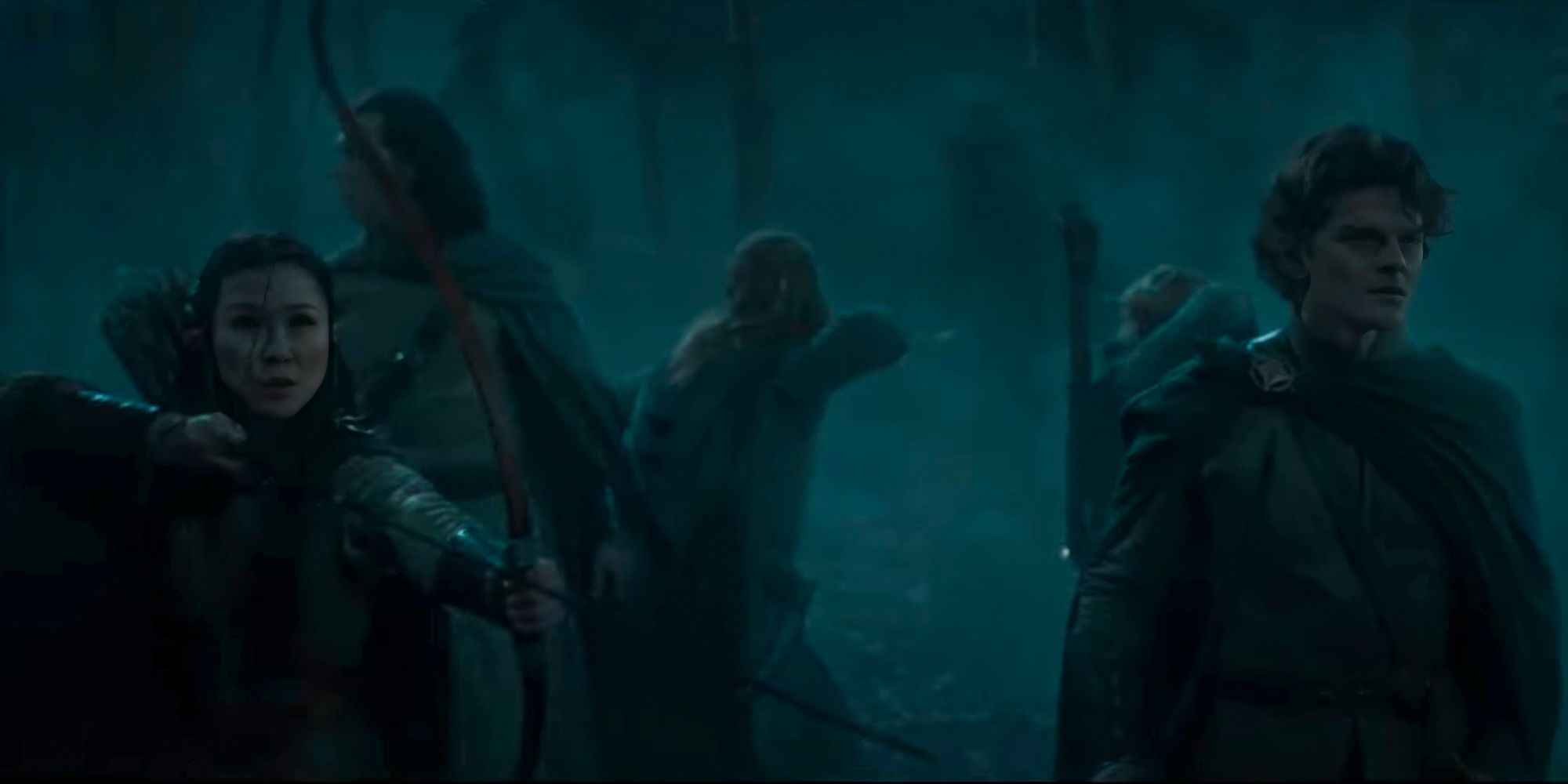 Elves in attack position in The Lord of the Rings: The Rings of Power season 2.