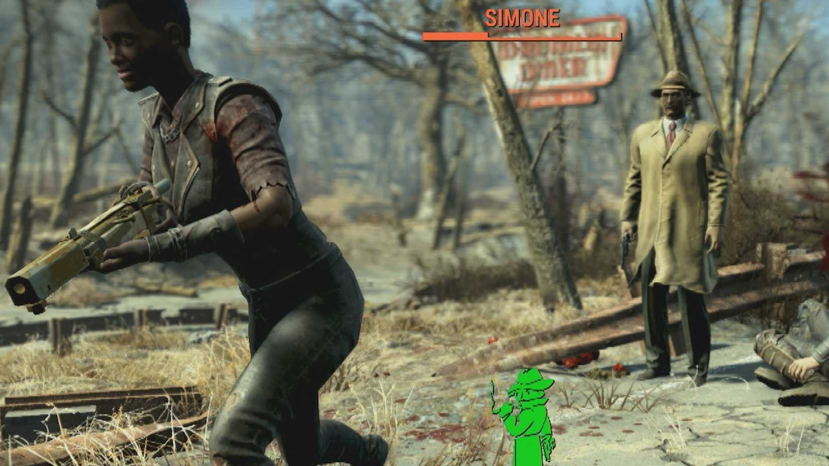 A mysterious stranger appears behind a raider named Simone in Fallout 4.