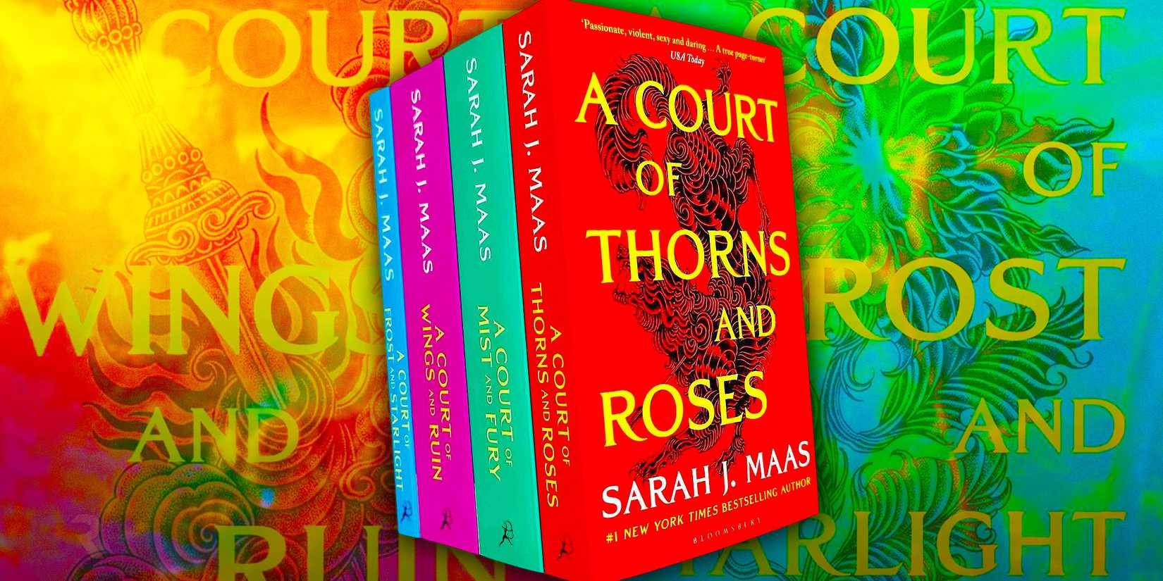 Степка книг "A Court of Thorns & Roses" Сары Дж. Маас на фоне яркого цвета