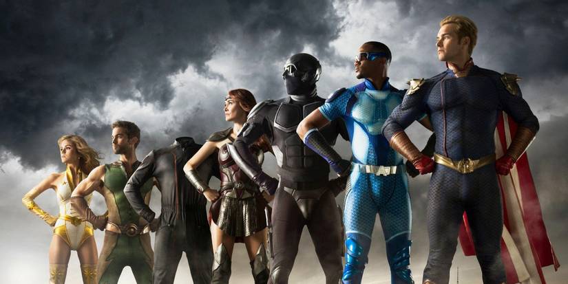 A equipe The Seven em poses clássicas de super-heróis em The Boys.