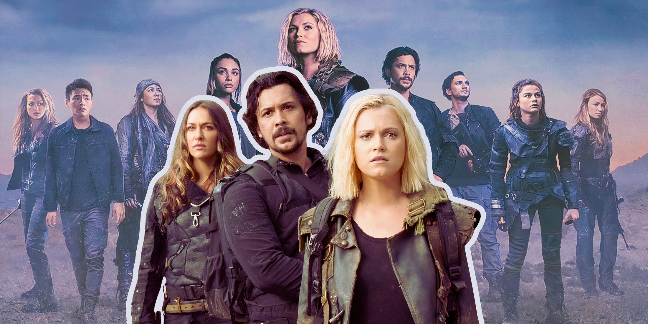 A composite image features Echo, Bellamy, and Clarke of The 100 over an image of the main cast