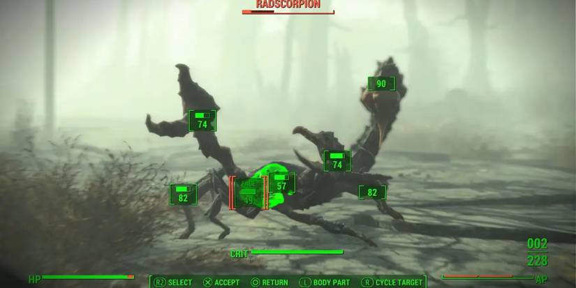 Un esempio di utilizzo del sistema VATS su un Radscorpione in Fallout 4
