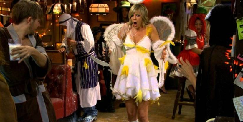A pregnant Dee covered in feathers in the It's Always Sunny in Philadelphia episode "Who Got Dee Pregnant?"