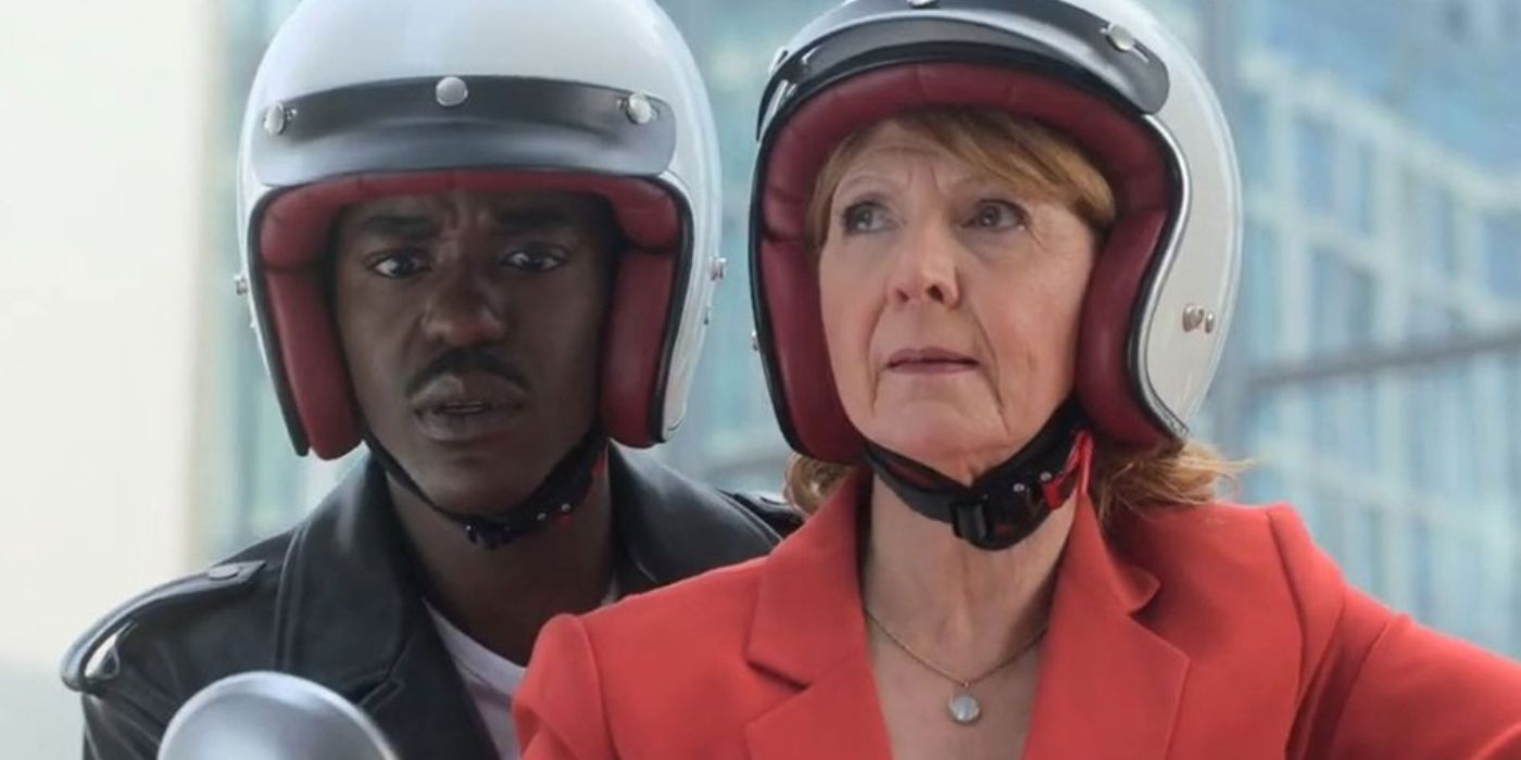 The Fifteenth Doctor and Mel Bush on a scooter wearing helmets in Doctor Who season 14 trailer