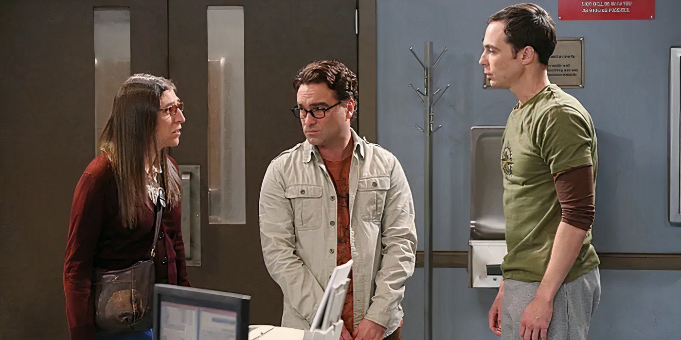 Leonard and Amy collecting a stuck Sheldon after he ran away in The Big Bang Theory