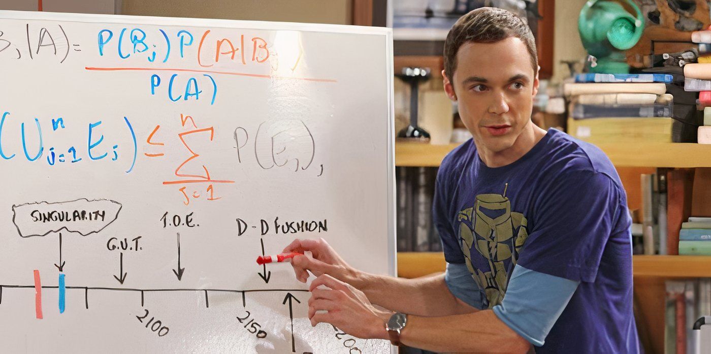 Sheldon working on string theory calculations in The Big Bang Theory