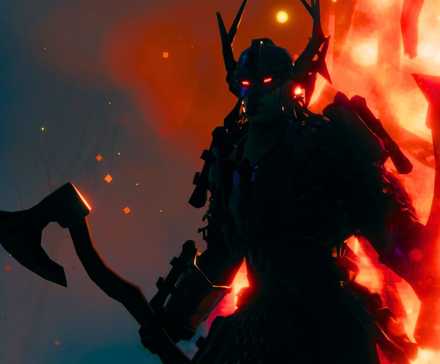 Воин из Valheim с двумя топорами, стоящий перед бушующим костром