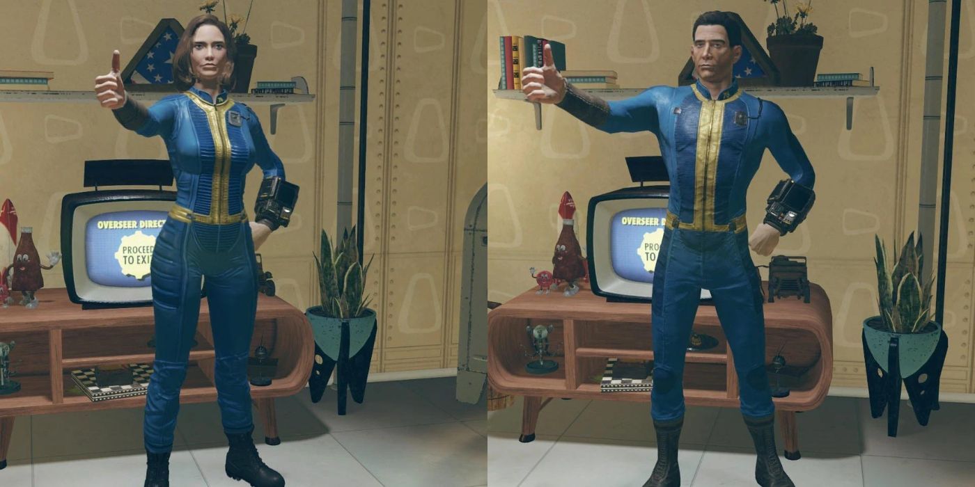 A Vault Dweller in a Vault 76 jump suit