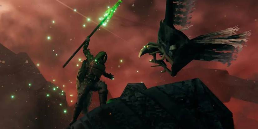 Персонаж Valheim держит зеленый меч с атакующей совой.