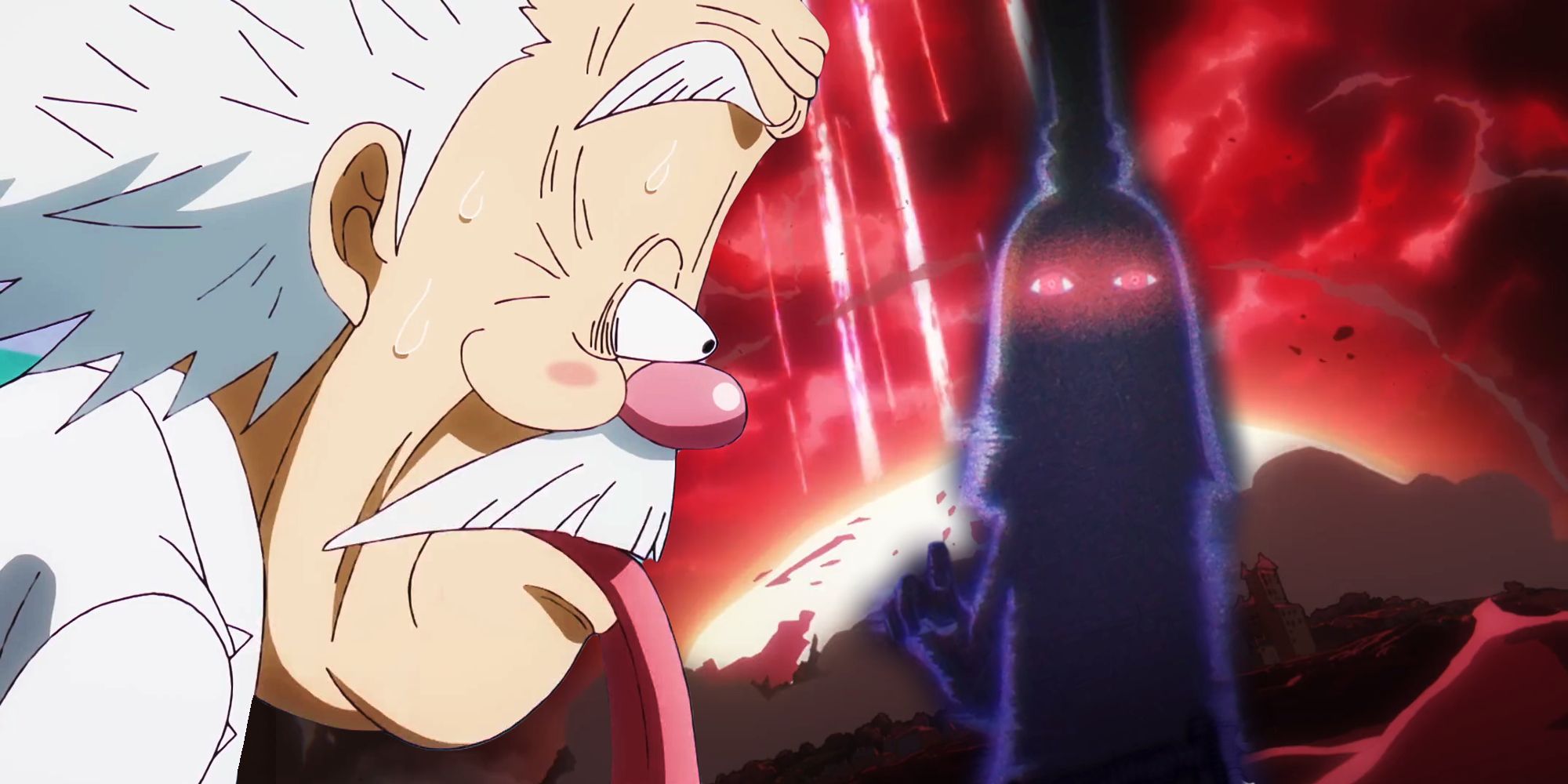 Vegapunk looking shocked at the silhouette of imu against a backdrop of the destruction of lulusia in one piece