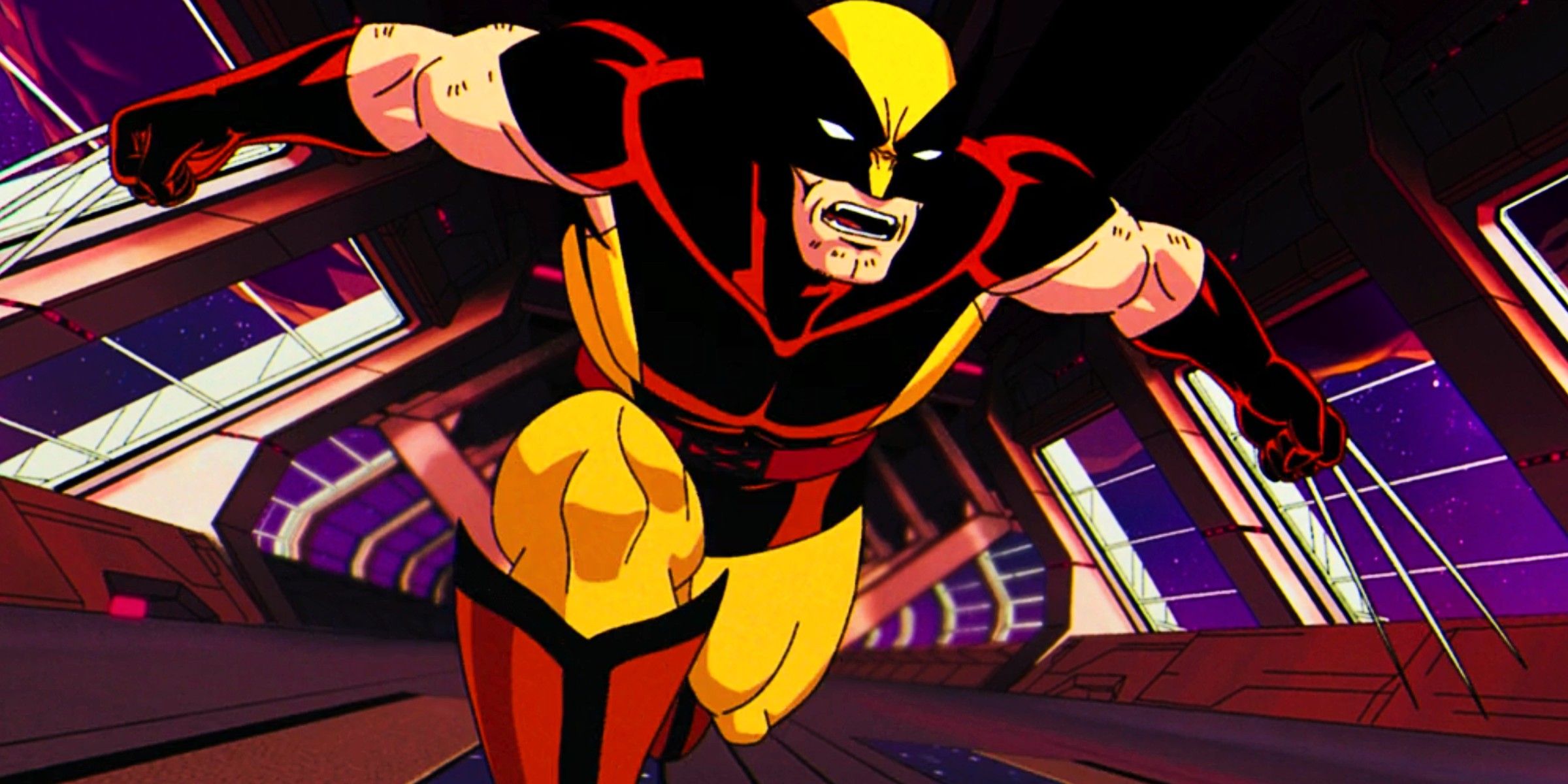 X-Men '97, Wolverine running through a hallway, claws out, ready for battle.