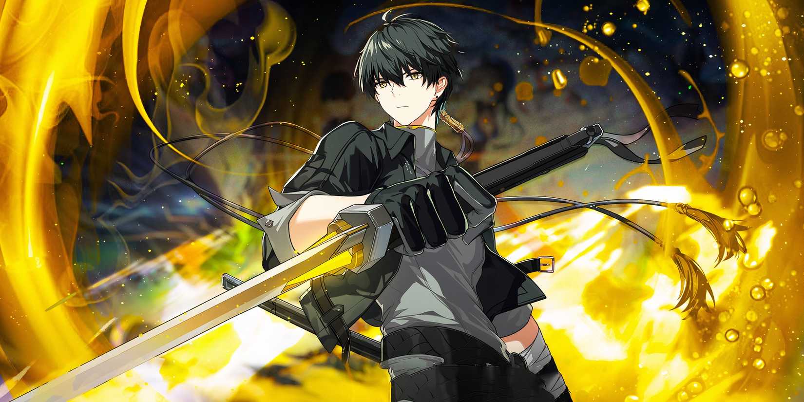 Wuthering Waves-Charakter Rover hält ein von Flammen umgebenes Schwert.