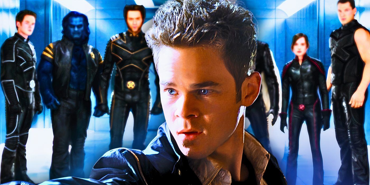 Shawn Ashmore as Iceman in X2: X-Men United in front of the X-Men team from The Last Stand