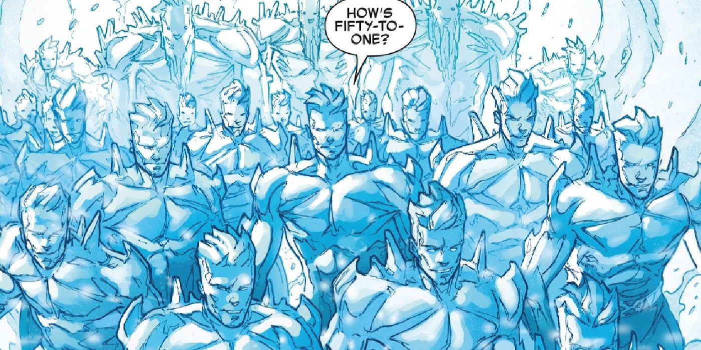 x-men's iceman showing off his powers via ice clones in Marvel comics