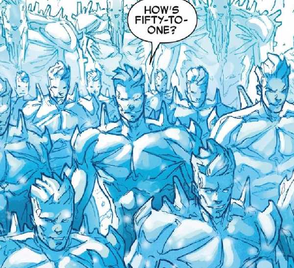 x-men's iceman showing off his powers via ice clones in Marvel comics