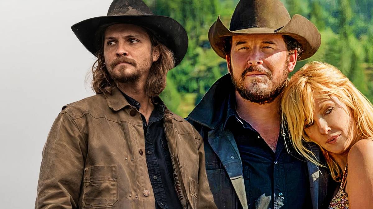 A composite image of Kayce standing against a grey sky with Rip and Beth hugging in Yellowstone