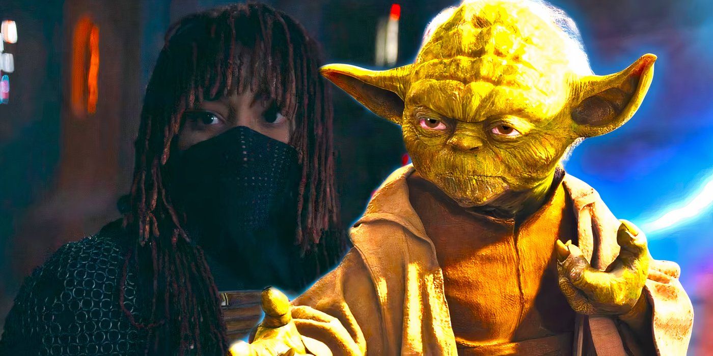 Mae covering her face with a bandana in The Acolyte next to Yoda getting ready to fight in Star Wars Revenge of the Sith