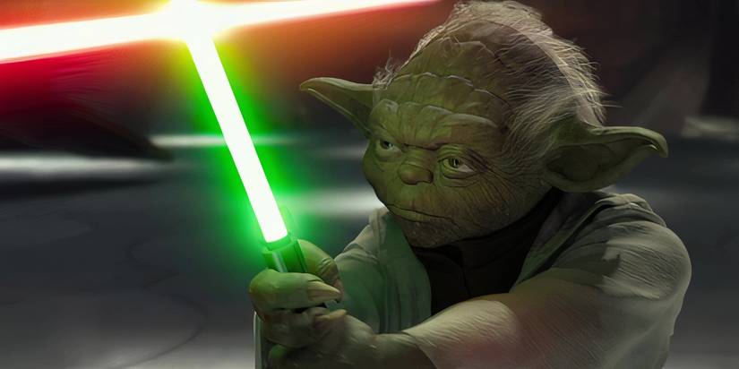 Yoda blocks Count Dooku's red lightsaber with his own green lightsaber in Star Wars: Episode II - Attack of the Clones