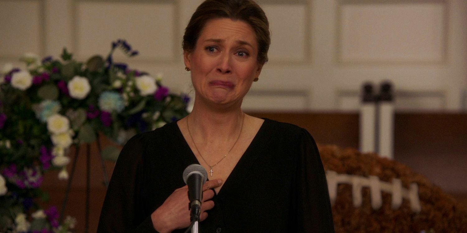 Mary Cooper (Zoe Perry) crying gives her speech at George's funeral in Young Sheldon season 7 episode 13