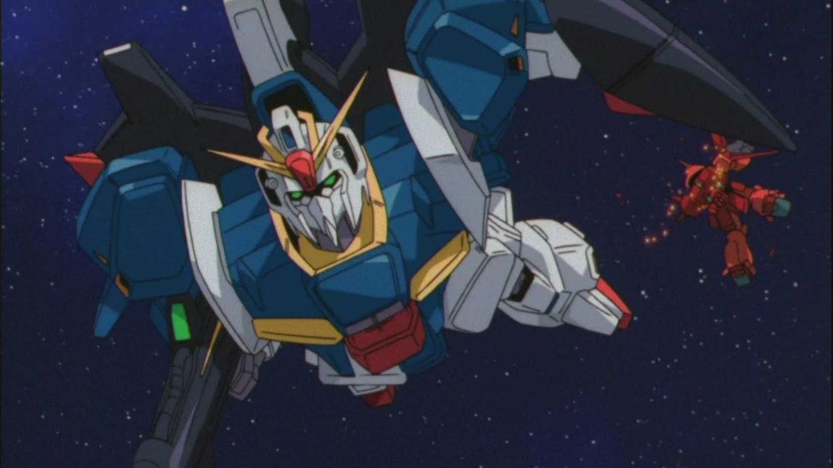 The Zeta Gundam flies past a destroyed mobile suit in the background